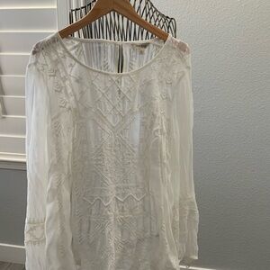 Lucky Brand Ivory Chiffon Embroidered Peasant Blouse Large